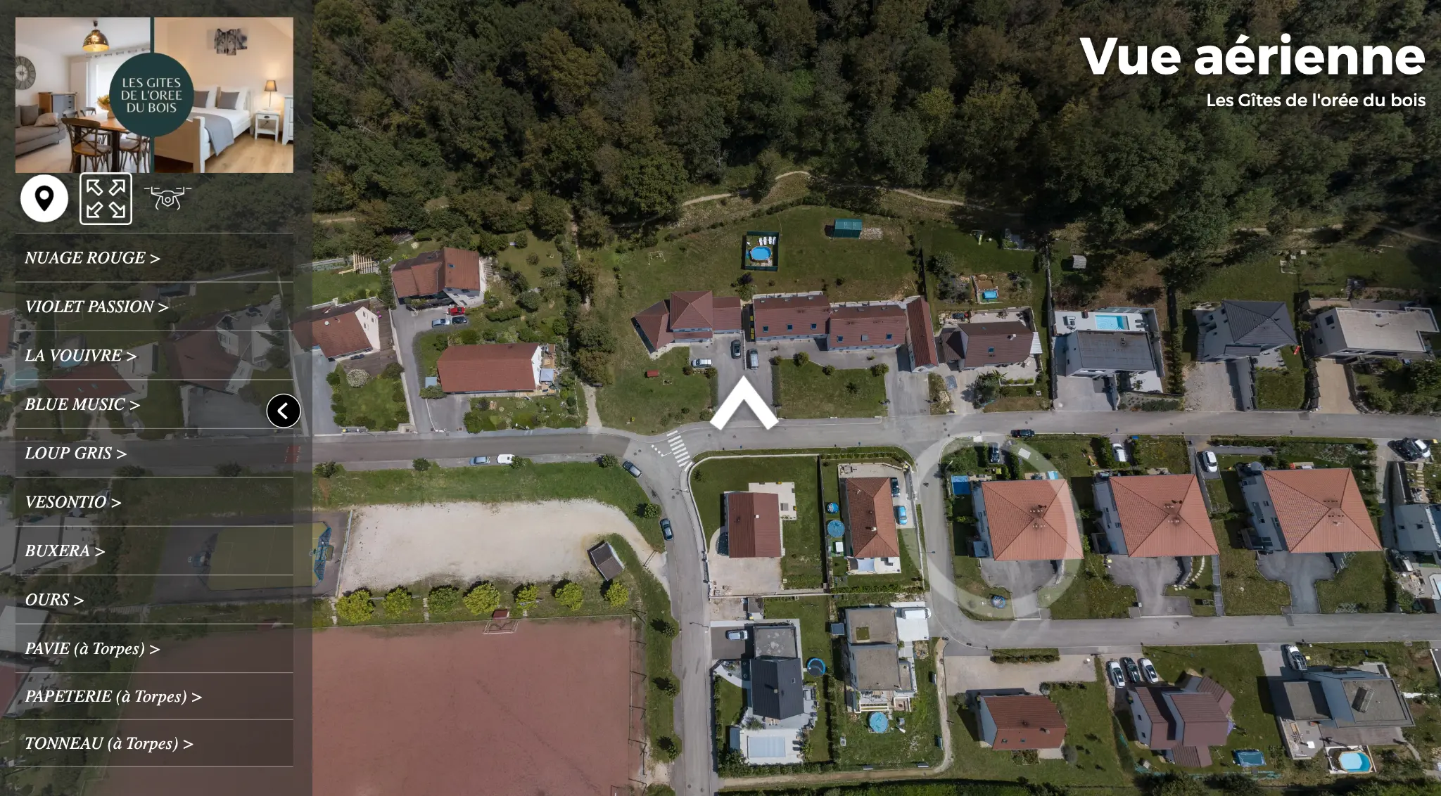 Vue aérienne interactive des Gîtes de l’Orée du Bois